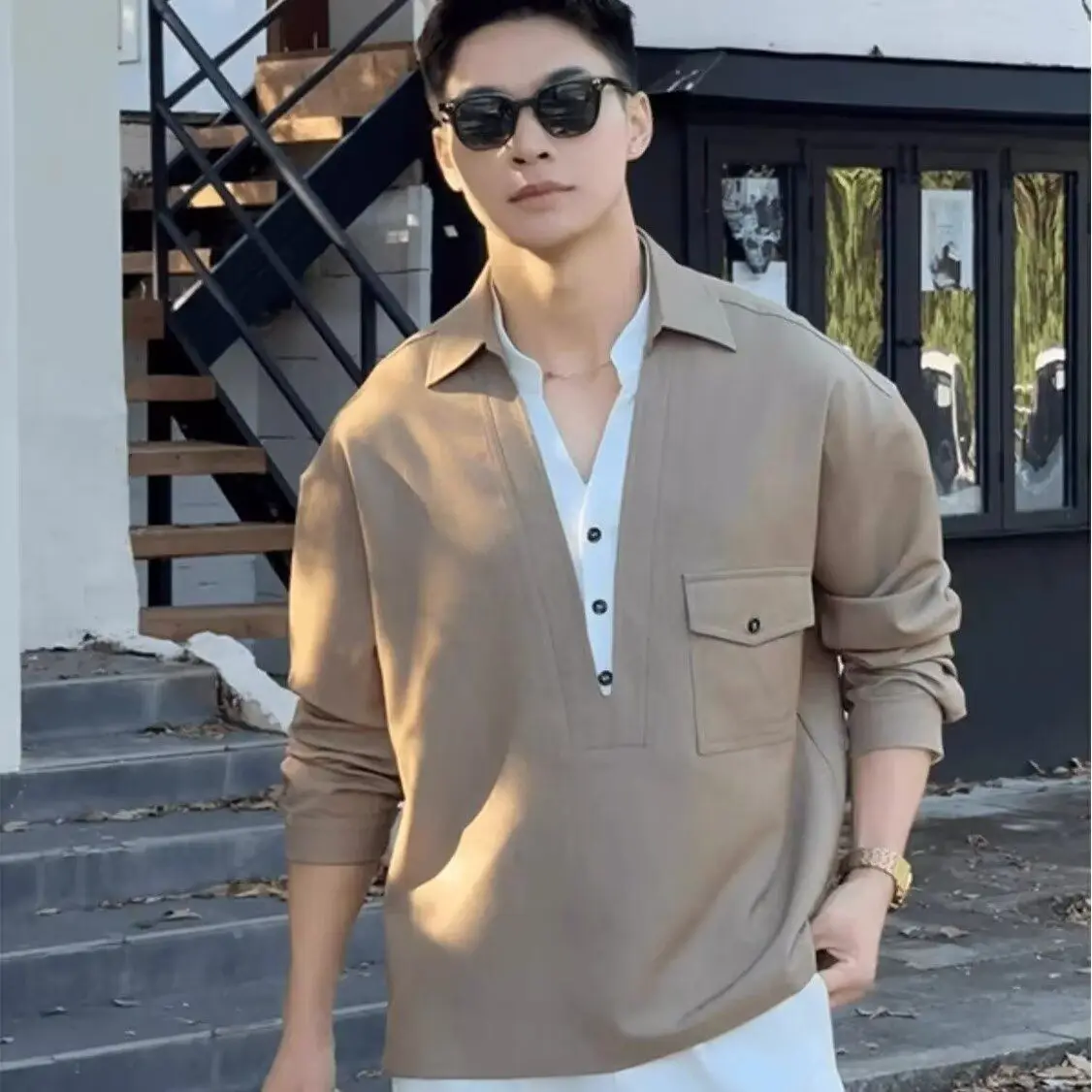 

Casual Loose Long Sve irt f Open Collar Lazy Feeling Spring Autumn Design Women's Loose Fit Button up Polyester Fiber