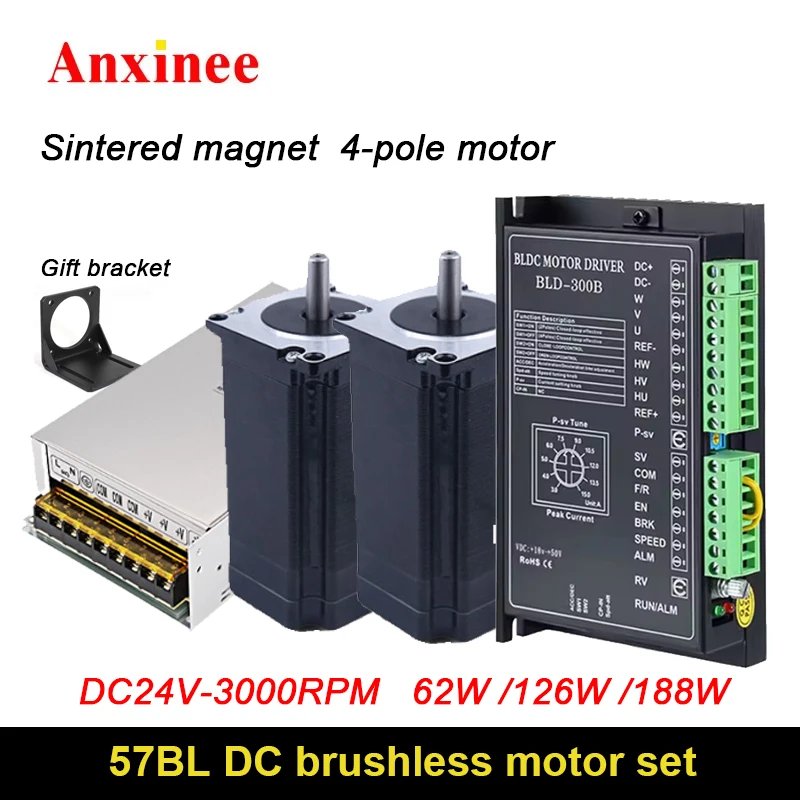 

Anxinee 62 Вт/126 Вт/188 Вт/24 В постоянного тока 4-полюсный трехфазный бесщеточный двигатель 3000 об/мин с комплектом питания Холла и драйвера 57BL Высокопроизводительный
