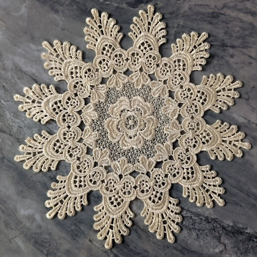 2pcs Retro Embroidered Lace Table Cloth Hollow Out Round Beige Crochet Lace Doily Tea Pad Mat Lace Placemat Christmas Party