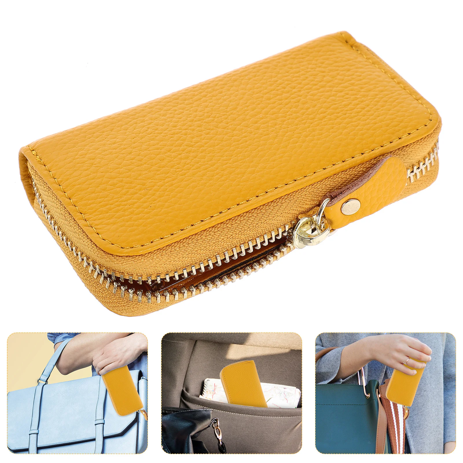 

Car Key Holder Case Bright Yellow Durable Zipper Wallet Large Capacity 6 Ring Hooks Car Key Organizer