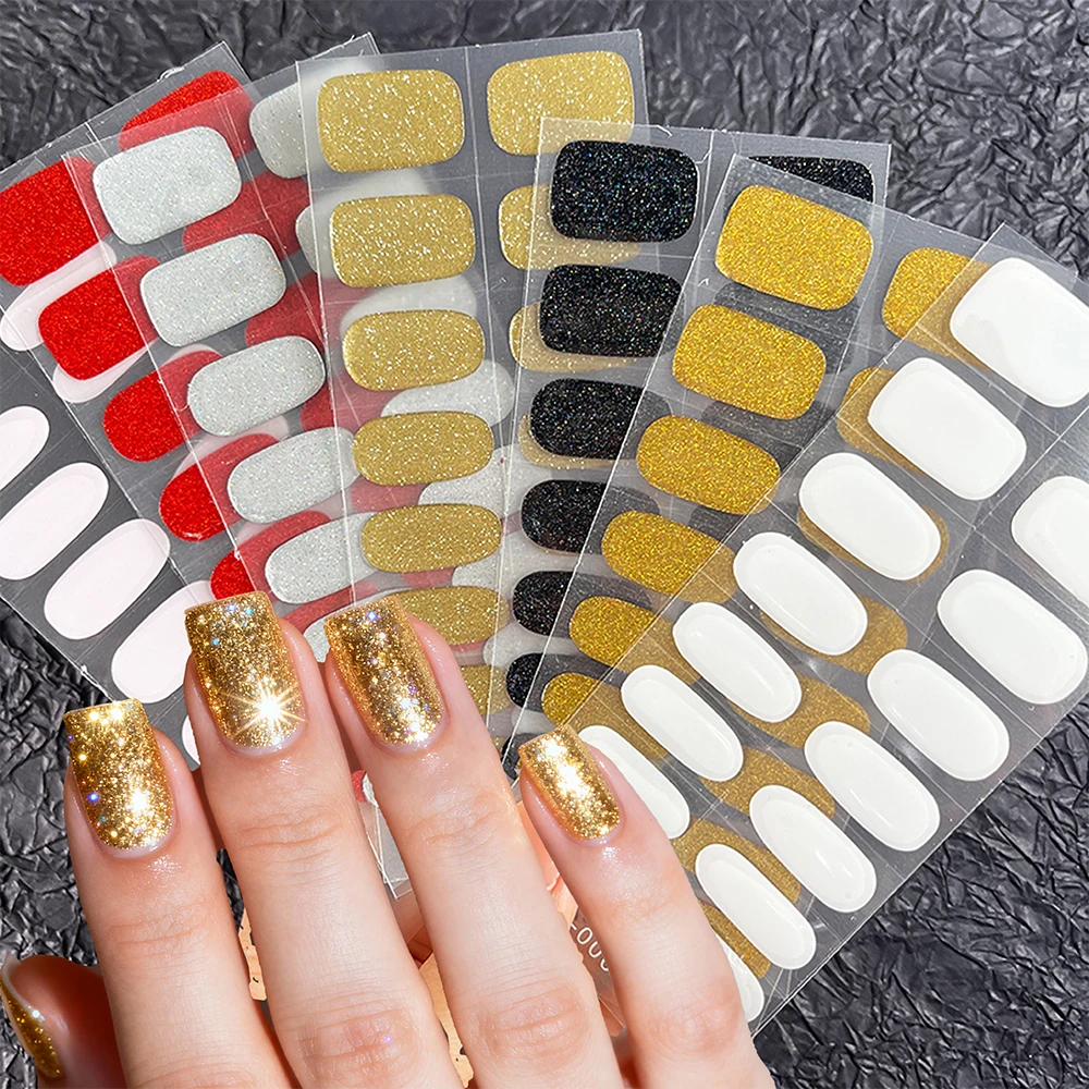 16 Naklejek na Paznokcie z Efektem Brokatu, Półutwardzone Żelowe Naklejki na Paznokcie, Długotrwałe, Pełne Pokrycie, Naklejki na Paznokcie z Efektem Brokatu, Utwardzane Lampą UV/LED