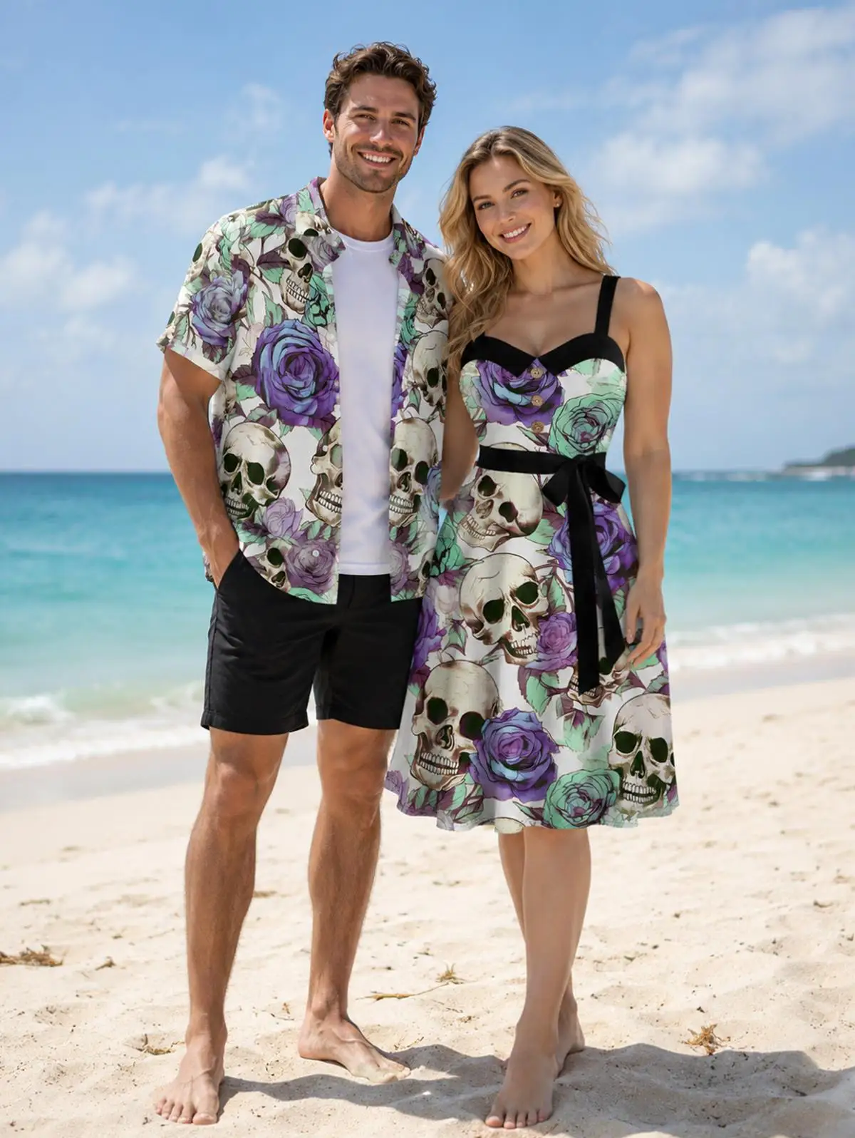 

Matching Hawaii Beach Outfits For Couples, Skulls Rose Flower Print Men Shirt, Plus Size Button A Line Dress with Removable Belt