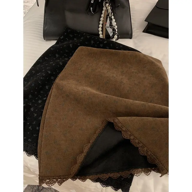Vintage Corduroy Mini Skirt Women Floral Lace Patchwork Black Skirts Autumn Winter Streetwear Korean Slim Design A Line Faldas