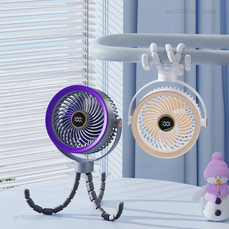 Outdoors Digital Display Baby Stroller Fan Student Desktop Bedside Multifunctional Portable Octopus Fan USB Rechargeable