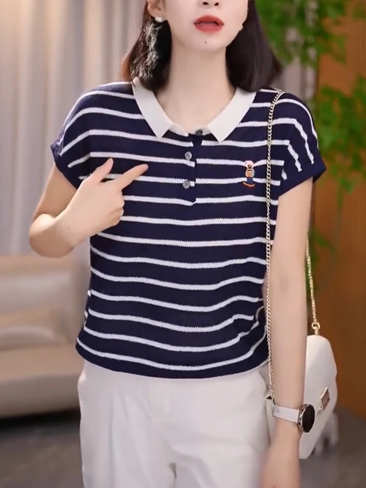 

Корейская футболка с эффектом похудения, повседневная полосатая футболка с отложным воротником ort Sve для женщин больших размеров