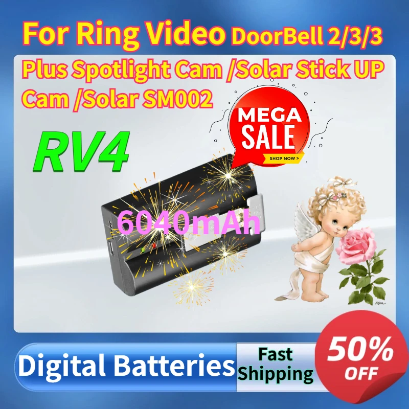 Digital Batteries for Ring Video DoorBell 2/3/3 Plus Spotlight Cam Battery/Solar Stick UP Cam Battery/Solar SM002 6040mAh RV4