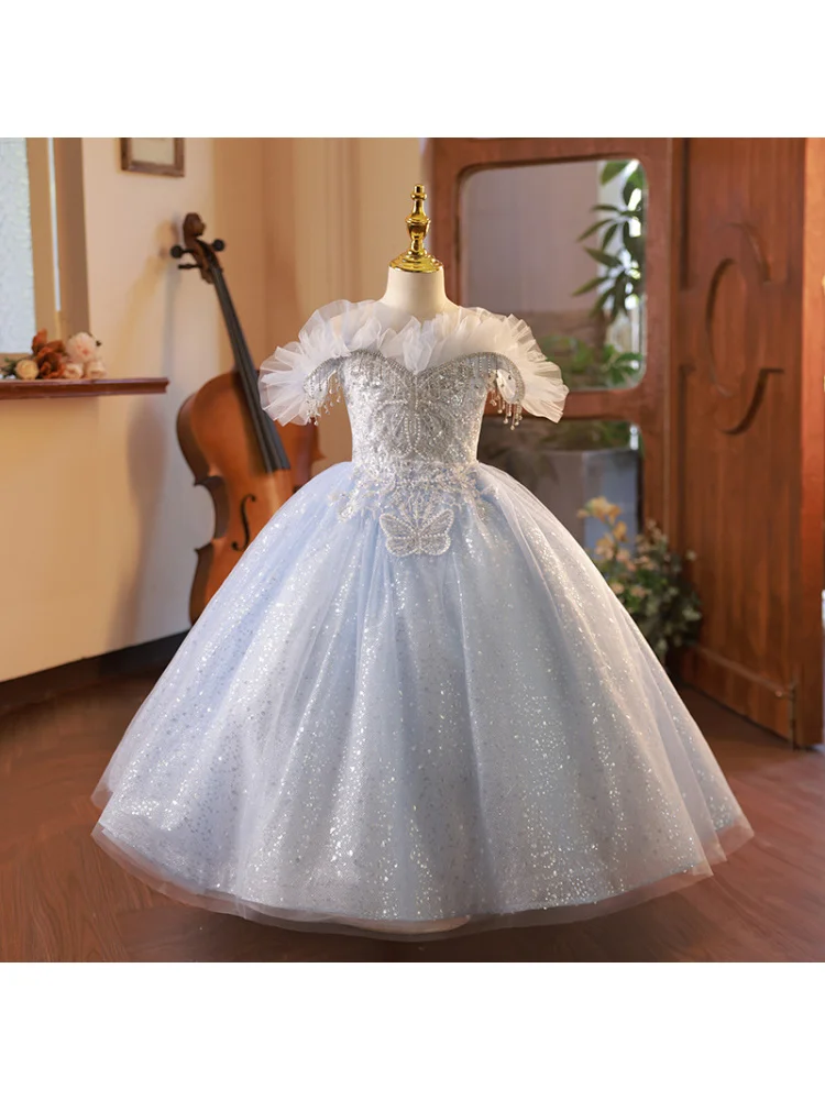 Children's Dress 2025 New Style Girls Off-Shoulder Princess Dress Catwalk Birthday Little Host Piano Performance Dress