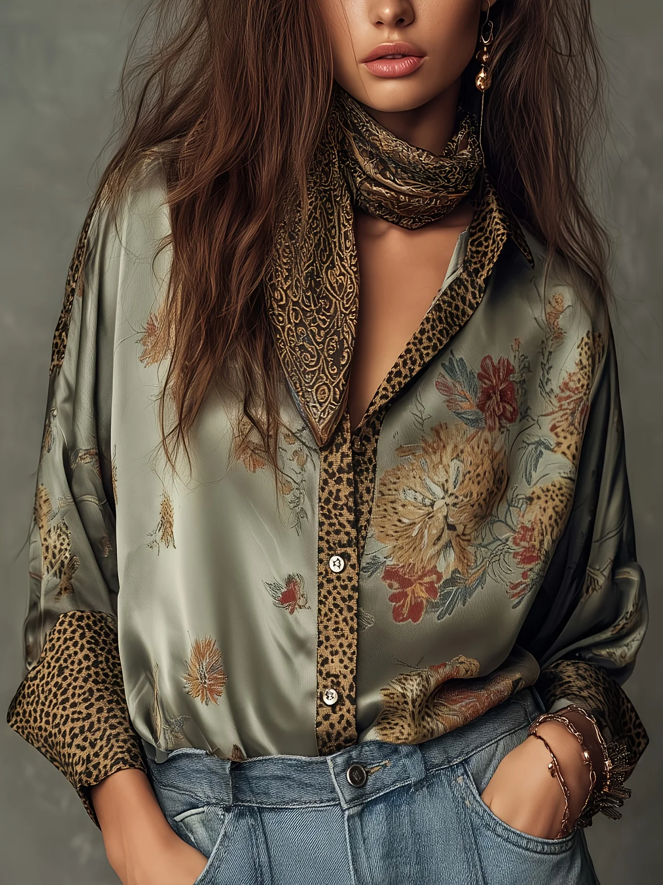 Elegant Women Blouse Leopard Printed Floral Vintage Casual Single Breasted Satin