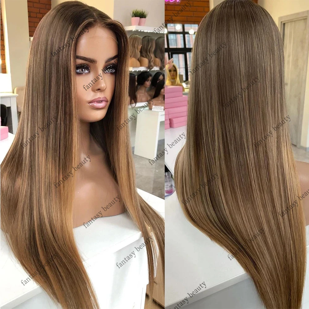 Peluca de cabello humano liso con encaje Frontal, pelo liso y sedoso con resaltado, color marrón claro, 360, 13x6, HD, 100%