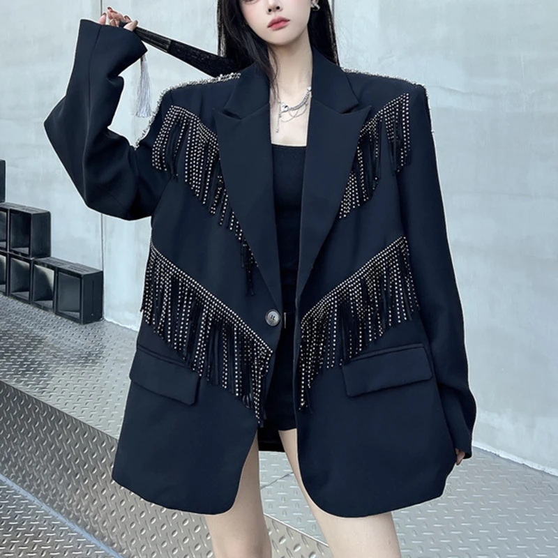 

Stylish Blazer Overcoat Personalized Tassel Design Beaded Metal Chain Casual Shoulder Padded Suit Jacket Coat
