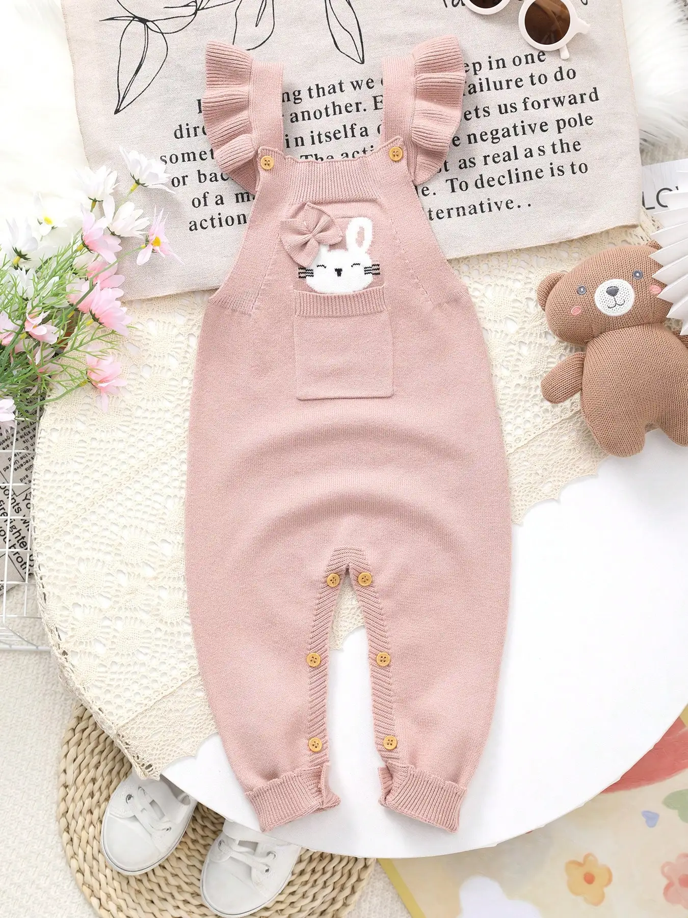 Baby Pink Rabbit Knit Overalls Spring and Autumn Girls' Ruffled Sleeveless Jumpsuit Newborn Open-Crotch Romper