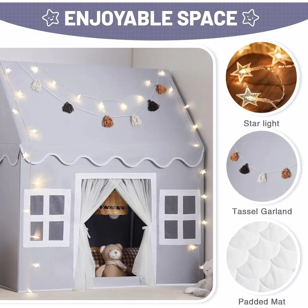 Kids Play Tent Indoor: Mat, Tassel Garland, Star Lights - Gray Girl Tent Playhouse for Toddlers Kids Toys for Boy Girl Birthday