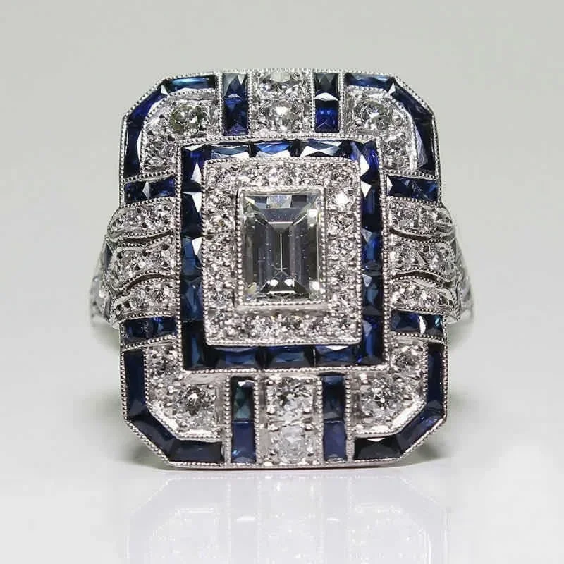 Elegant luxury retro ethnic style four-color square ring slightly inlaid with artificial zircon jewelry