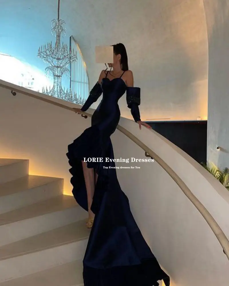 LORIE Elegant Navy Blue Prom Dress Sleeve Beadings Evening Dresses Floor Length Mermaid Sweetheart Celebrity Dresses Party Gowns