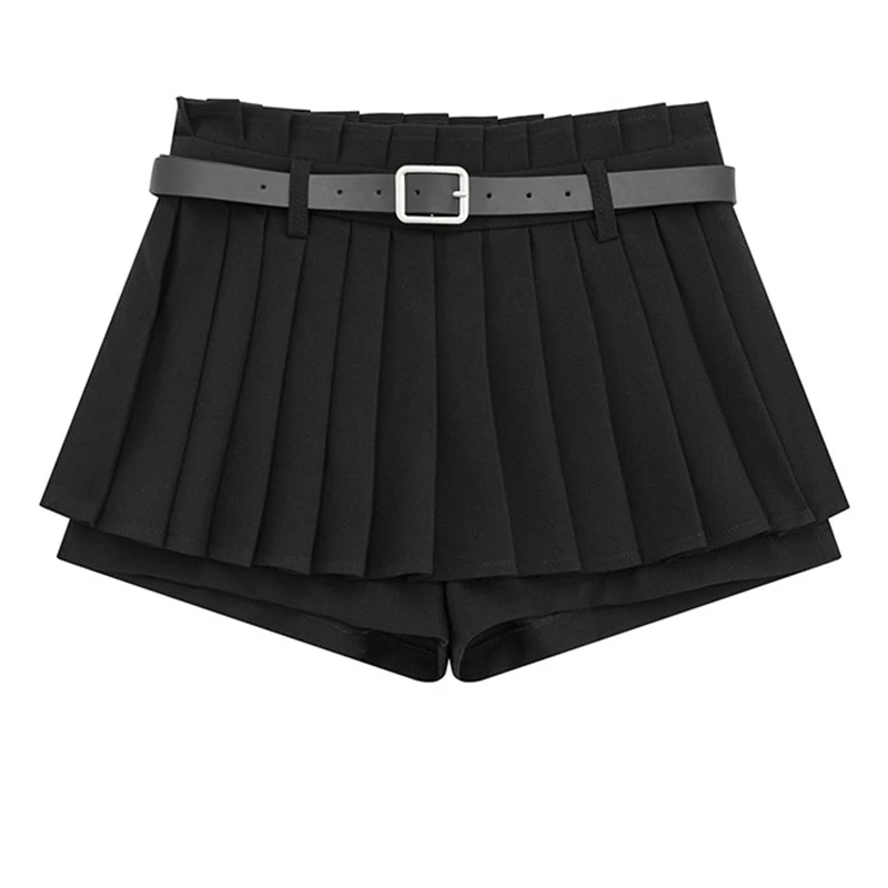 Women\'s Summer Korean Cute Belt Mini Short Skirt Fashionable High Street Academy Style Sexy A-line Y2K Pleated Skirt Grey/Black