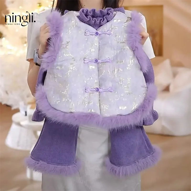 

Girls' Purple Vest Autumn and Winter New National Style Cheongsam Baby Girl Vest Pants Chinese Children Suit