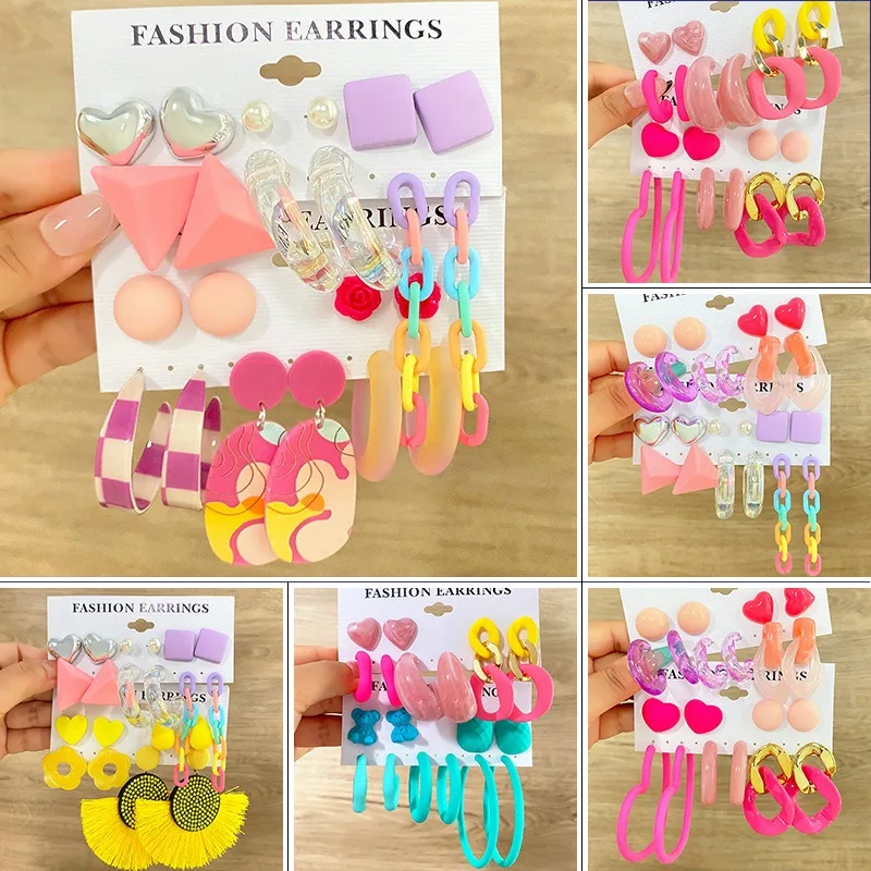 2024 New 5 Pairs Women's Resin Earrings for Women Extra-large Size Fashion Jewelry Geometric Crystal Heart Stud Earrings Jewelry