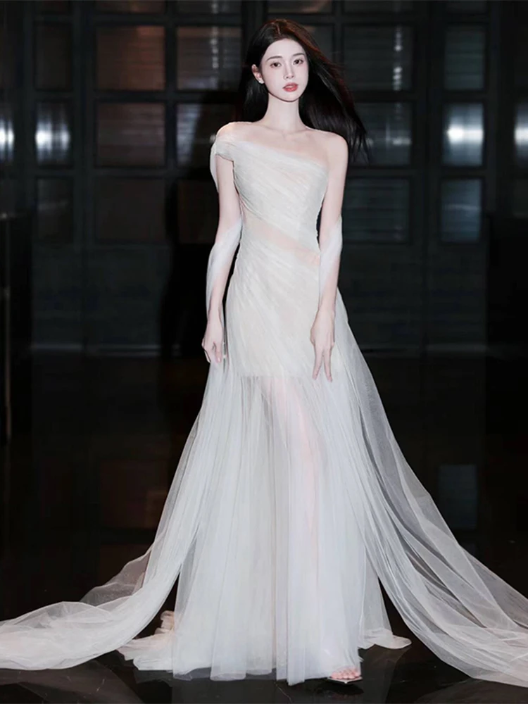 

Ele White Simple Morning Robe Women's Sexy Fi Tail Bal Wedding Dr Forest System Dry Outing Veil mid Waist Po...