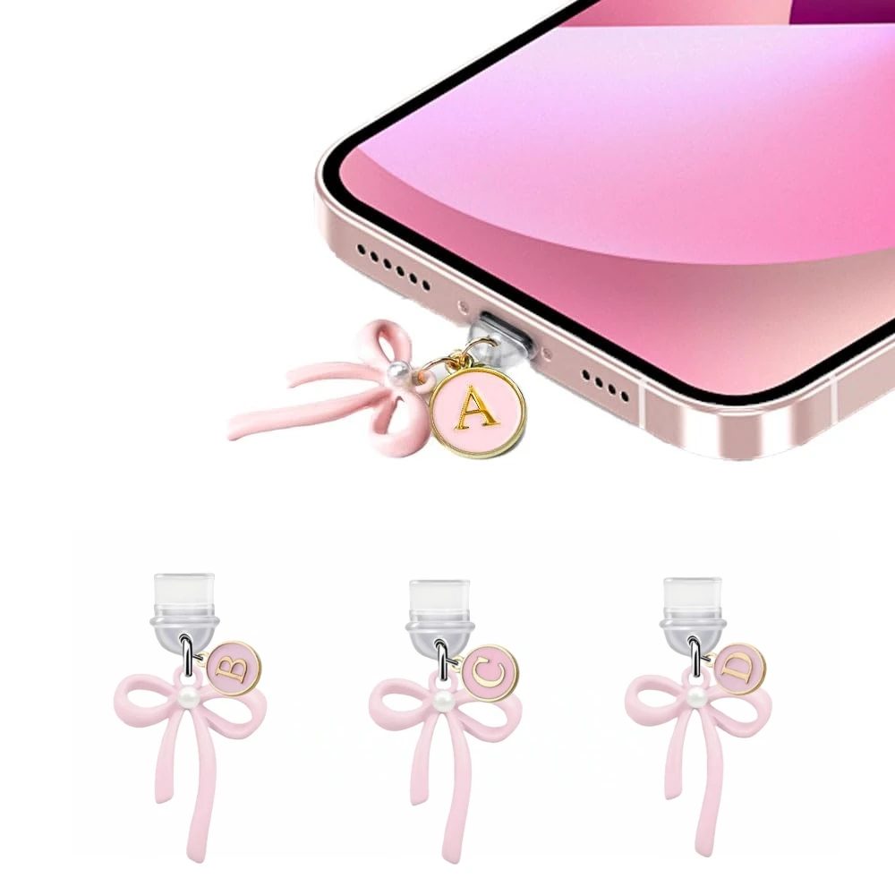 Pink Bow Letter Dust Plug, English Letters from a to m Available, Dedicated for Type-C Interface, Personalized Mobile Phone Decoration