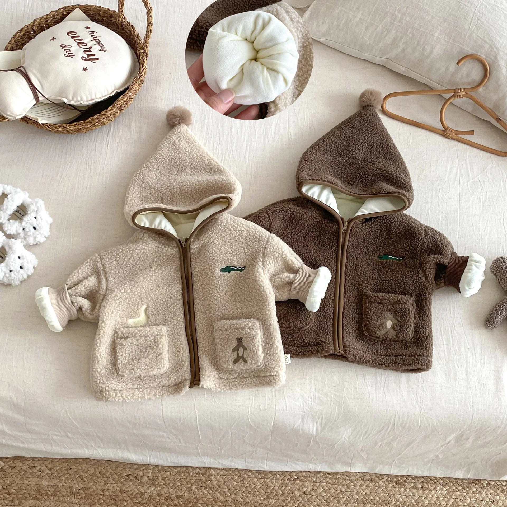 

2025 Kids Clothes Fleece Hooded Jacket 0-5Y Baby Girl Boy Cartoon Embroidered Warm Pom Pom Hood Children's Coat Winter Outerwear