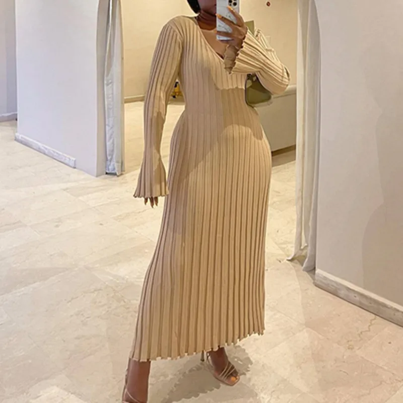 

Autumn And Winter New Threaded Knitted Dress Casual Waist V-neck Large Hollow Strip Slimming Knitted Long Skirt Womens Dresses