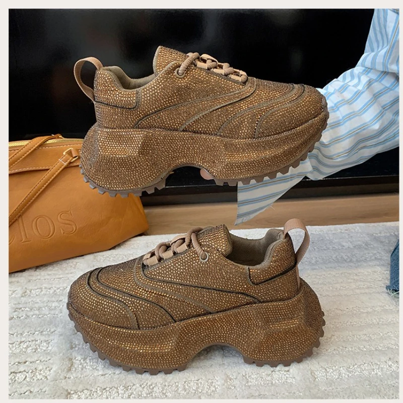 Sapatos únicos femininos com sola grossa e bico redondo com diamantes completos, confortáveis, antiderrapantes, respiráveis, esportivos e casuais