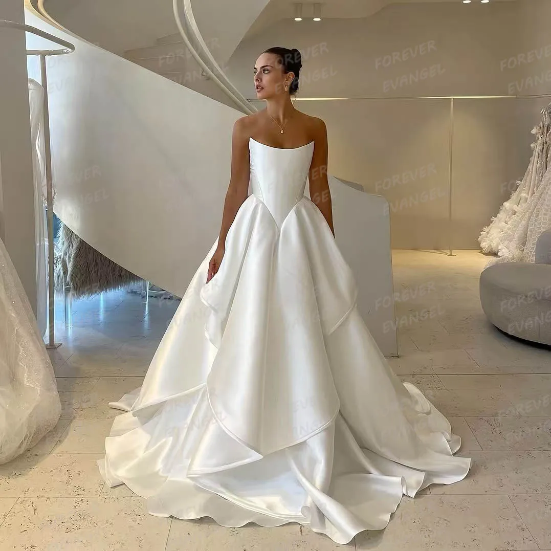 

Simple Wedding Dresses A Line Woman's Satin Sexy Boat Neck Sleeveless Tiered Backless Bride Gowns Customized Vestidos De Novia