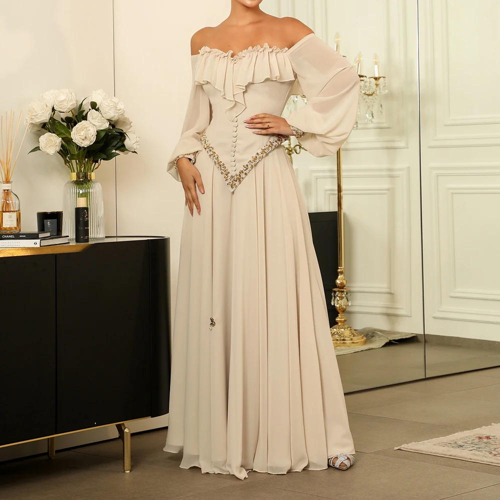 

Customized A-line Evening Dresses Floor-length Off The Shoulder Full Sleeve Prom Gown Fashion Crystal Ruched Button Party Gown
