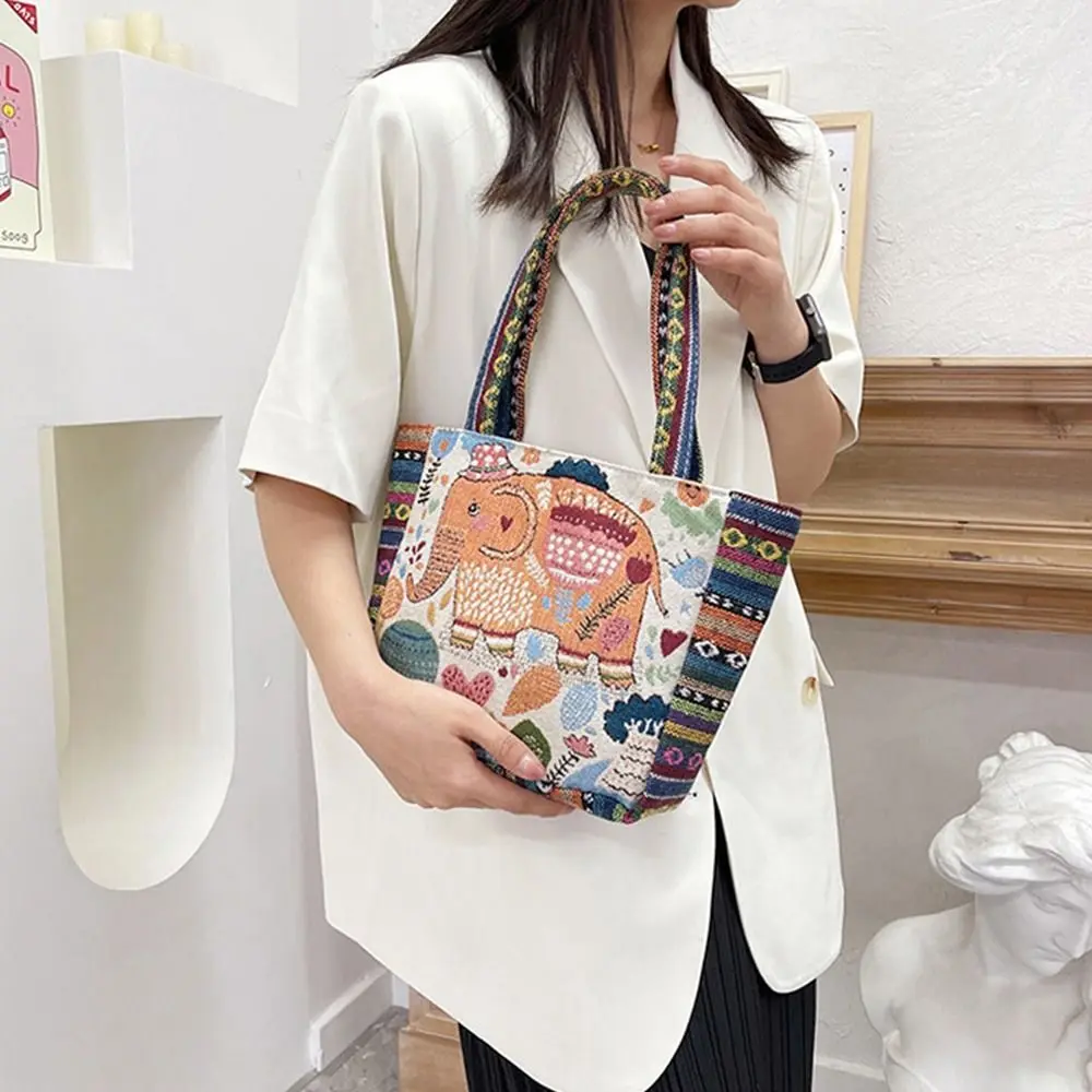 Animal Ethnic Style Handbag Vintage Rabbit Peacock Canvas Tote Bag Embroidery Elephant Canvas Handbag Women