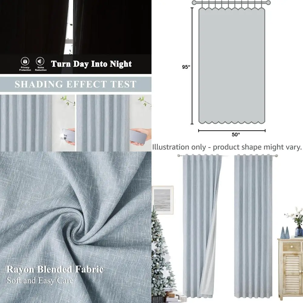 샴브레이 블루 95 완전 암막 커튼, 로드 포켓 포함, 단열, 방음, 2패널 50Wx95L 거실용