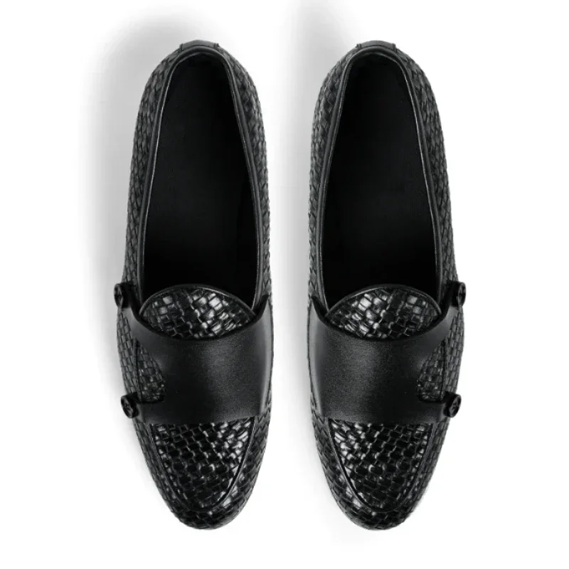 New Black Double Buckle Monk Shoes for Men Brown Slip-On Solid Round Toe Loafers Handmade Dress Shoes