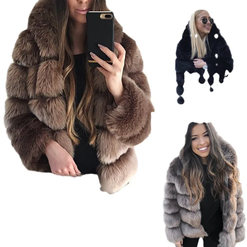 Stilvolle Frauen Winter Faux Kaninchen Pelz Mäntel Lange Ärmel Offenen Stich Mit Kapuze Pelz Jacken Dicke Warme Pelz Lose Weibliche Pelz Jacke