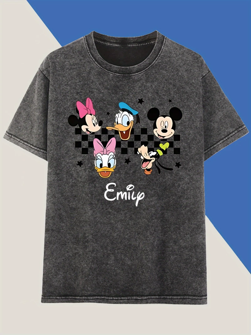 

Disney Pals for Emily Retro Washed Cotton T-shirt Loose Street T-shirt Mickey, Minnie, Donald and Goofy Pattern Casual Top