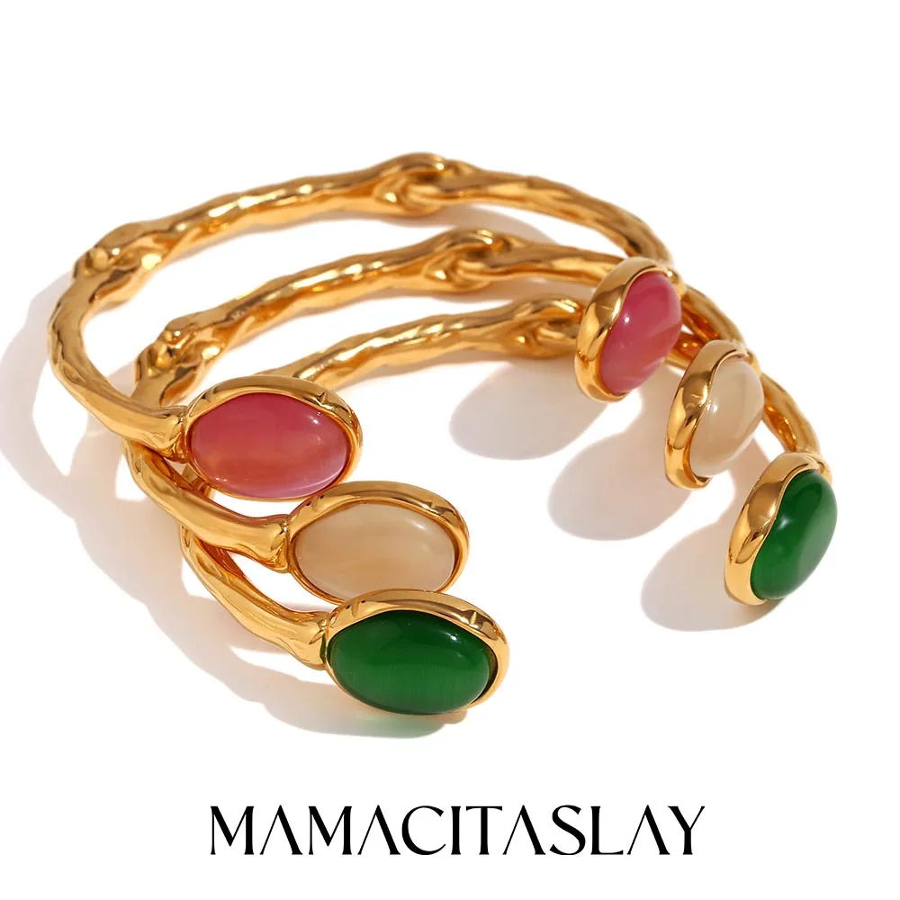 

Bilateral Oval Natural Stone Open Irregular Bracelet Women's Hand Bracelets 18K Gold Plated 316L Stainless Steel Jewelry