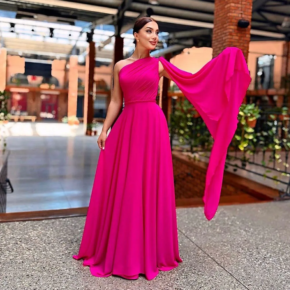 

Msikoods Fuchsia One Shoulder Long Prom Dresses Cape Sleeves Pleats Formal Evening Dress Customized Belt Women Guest Party Gown