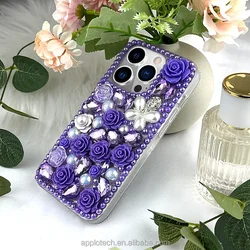Bling Diamond Phone Case for Iphone 13 14 15Pro Max XR 16Pro - Luxury Crystal Gem Purple Flower Rhinestone Protective Back Cover