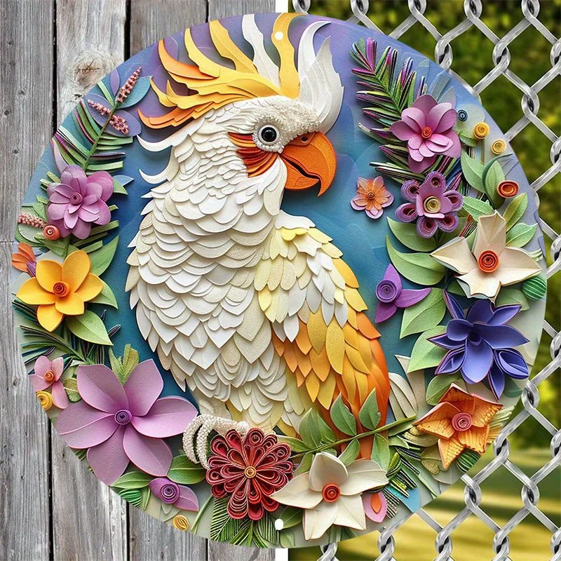 1pc Aluminum Cockatoo Bird & Floral Wreath Metal Sign, 8x8 inch - HD Printed Outdoor Waterproof Wall Art for Home & Garden Decor