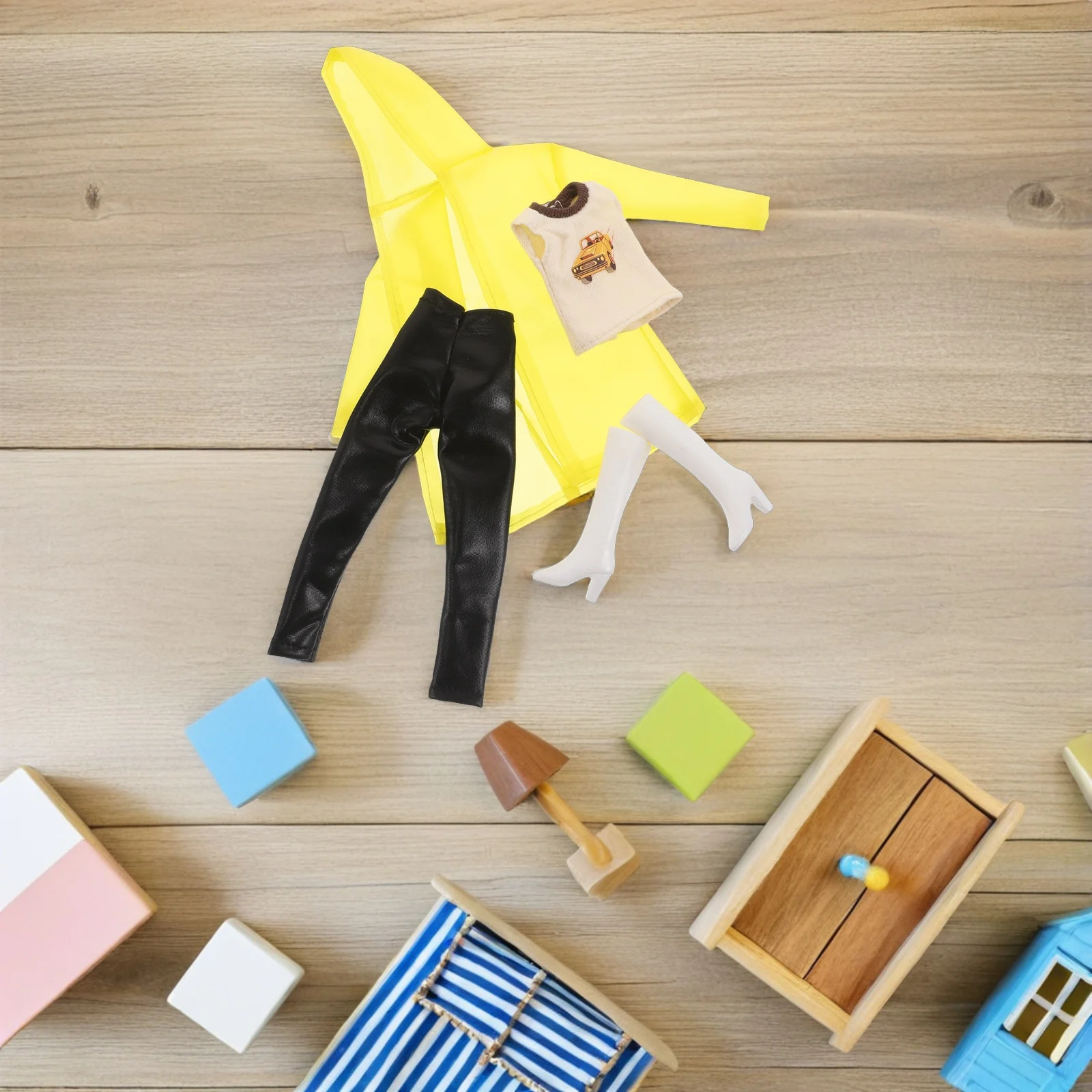 ชุดเสื้อกันฝน 1 ชุด ขนาด 11 นิ้ว สีเหลือง พร้อมฮู้ด เสื้อกั๊ก กางเกง รองเท้าบูท สำหรับตุ๊กตาหมีน้อย ตกแต่งบ้านตุ๊กตา เล่นบทบาทสมมติ