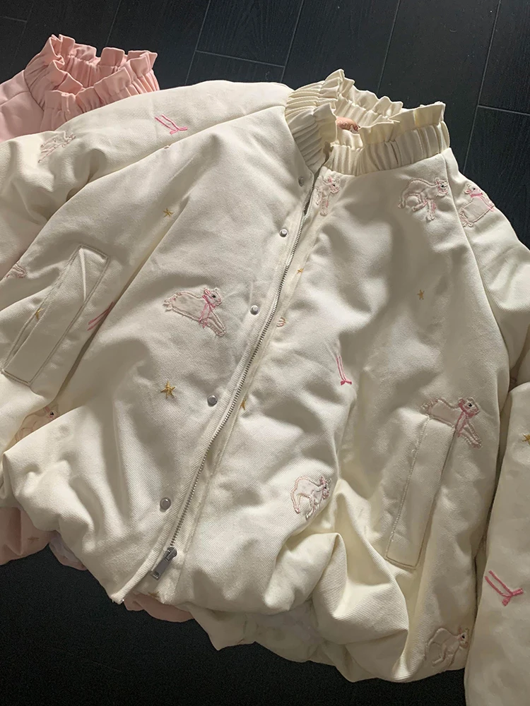 

Корейская утепленная куртка с вышивкой и воротником-стойкой, свободного кроя, из мягкого хлопка, для девушек, молодежная, повседневная, теплая, утолщенная