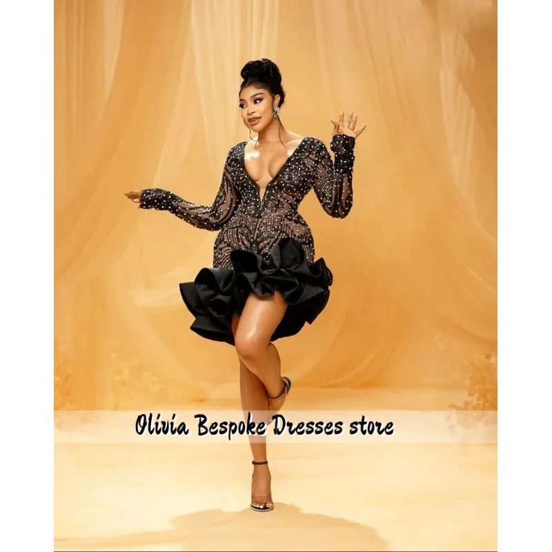 2026 New Long Sleeve Deep V Black Mini Cocktail Dress For Black African Women Corset Fitted Short Formal Prom Dress Customized