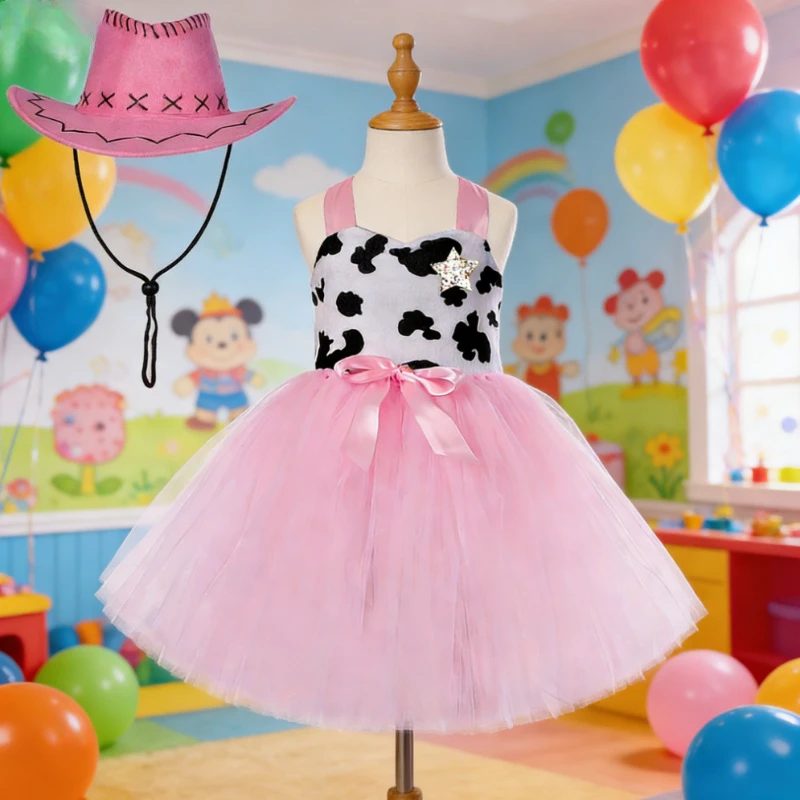 Girls' Birthday Halloween Cowgirl Themed Party Outfit, Pink Cow Tutu Skirt Set, Kids' Animal Cartoon Costume, Holiday Dress