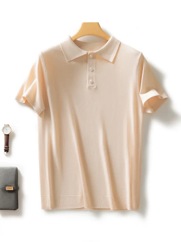 100% Worsted Wool Knitted Short Sleeve POLO Shirt Thin Fashion Casual Loose Pullover Half Sleeve T-Shirt