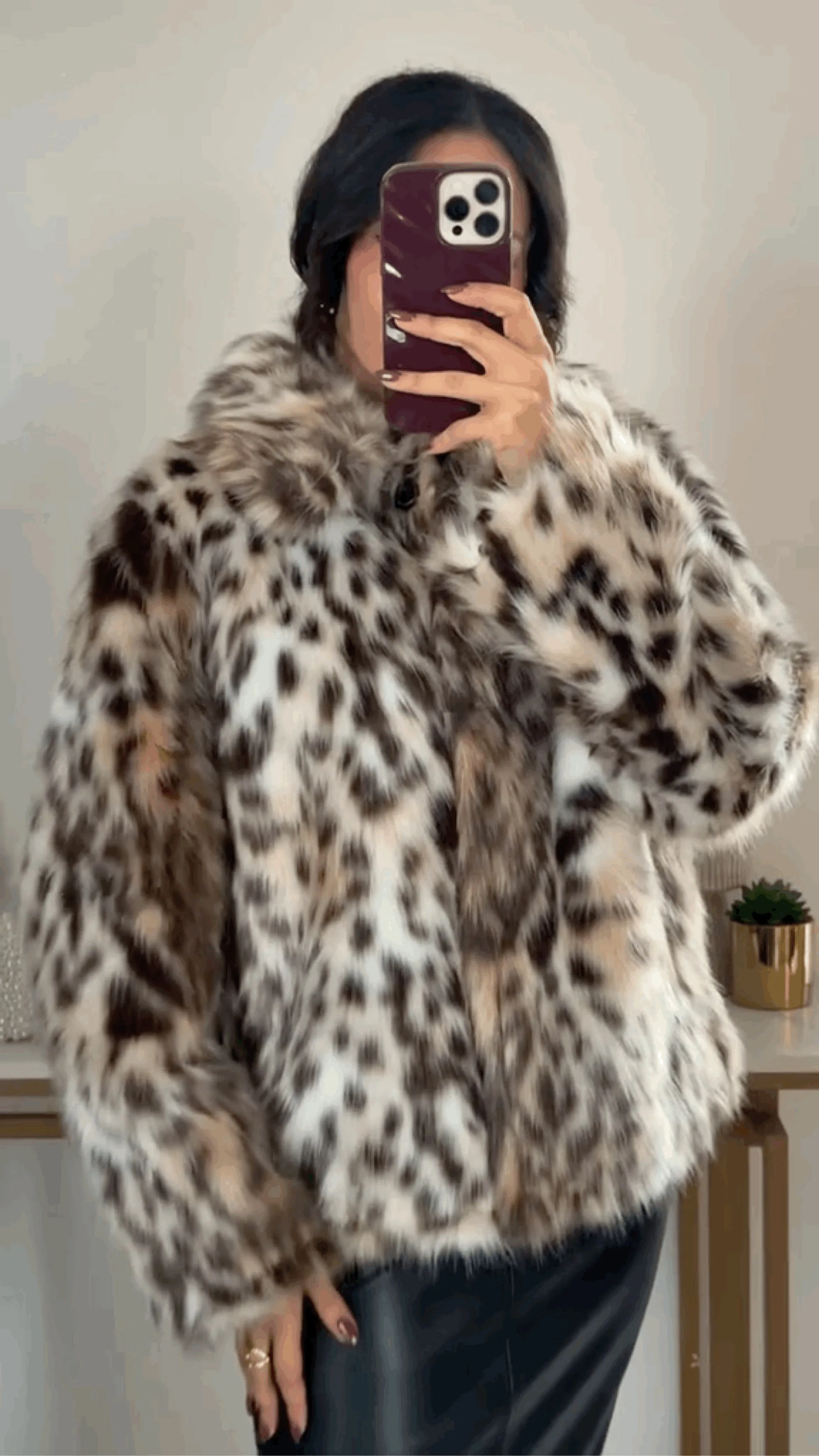 HH 2024 femme revers manches longues poches latérales manteau décontracté femmes hiver imprimé léopard fausse fourrure ample mince chaud manteau Mujer