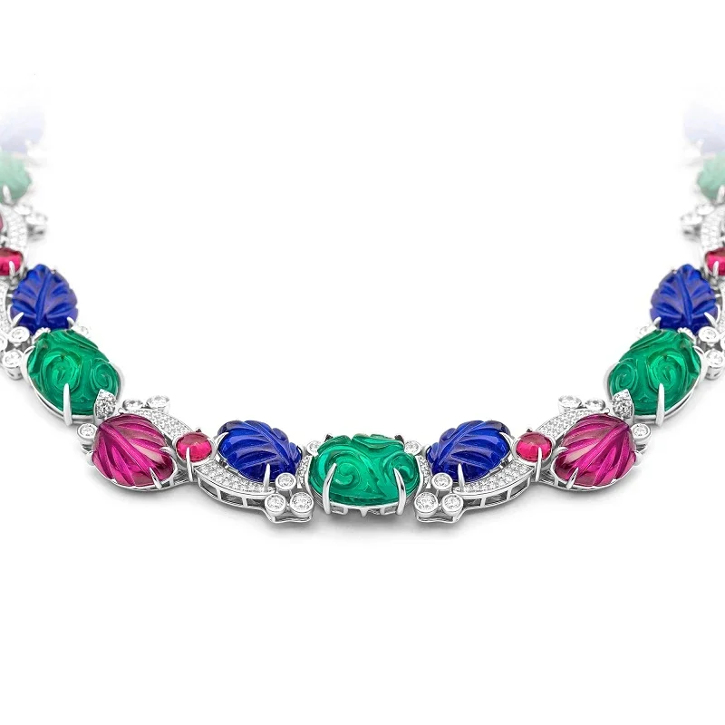 Bellux Fancy Color Carving Gemstone Red Green Blue Leaf 925 Pure Silver Luxury Banquet Party Fine Jewelry Necklace