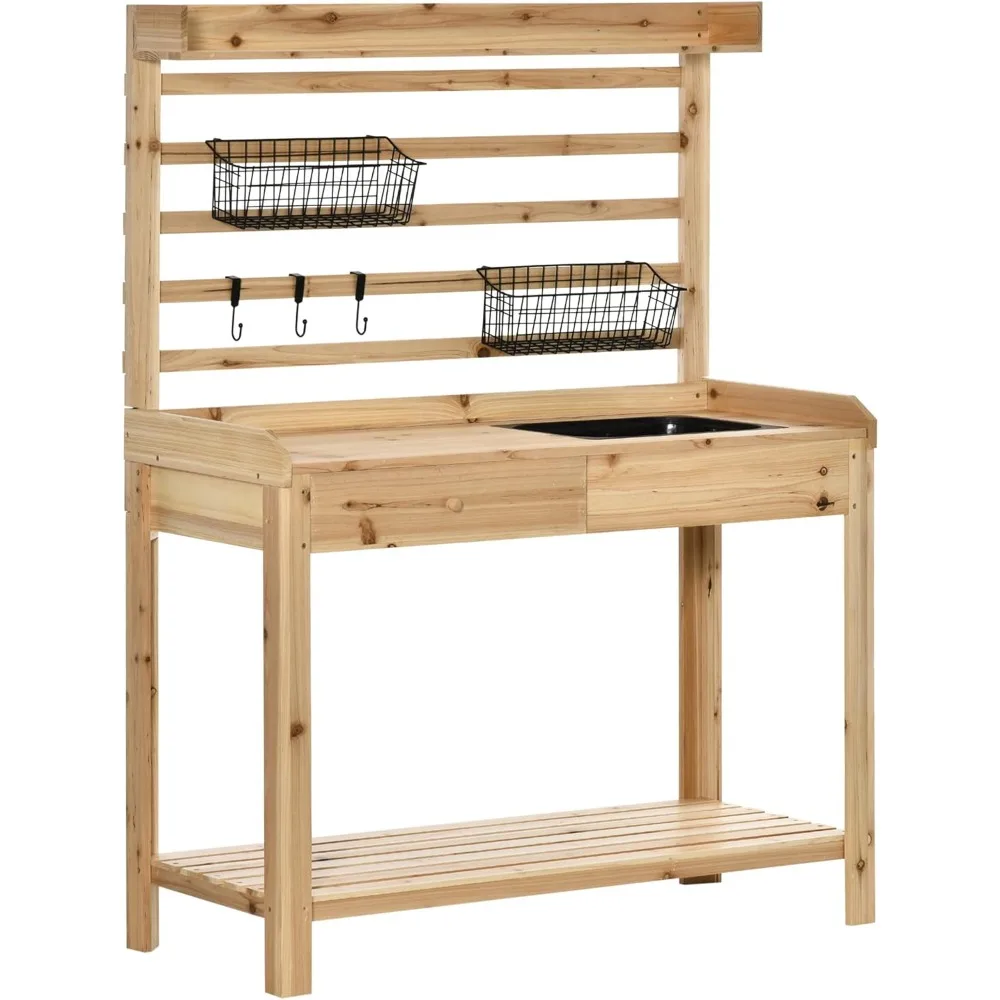 

Potting Bench Table, Garden Work Bench, Workstation with Metal Sieve Screen, Removable Sink, Additional Hooks and Baskets for P