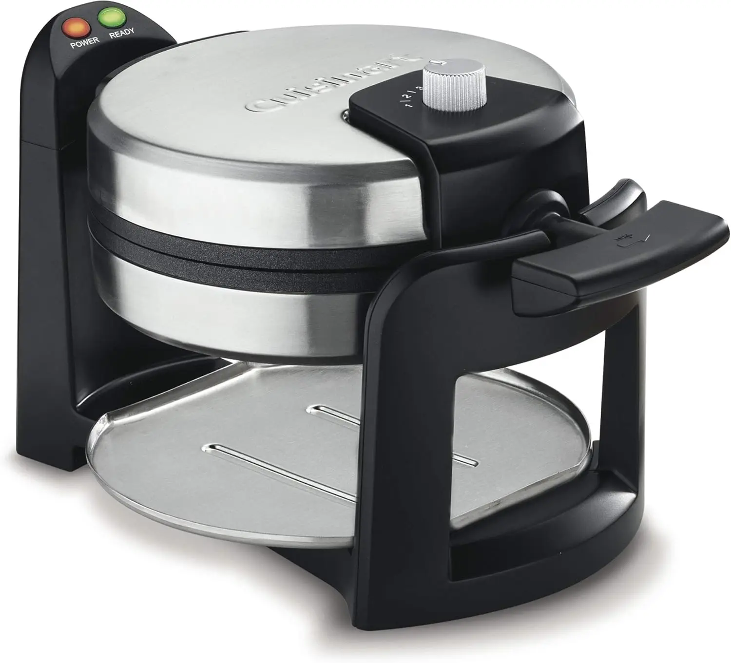 

Compact 1-Inch Thick Belgian Waffle Maker with Flip Function, Sleek Black and Silver Design, Efficient Non-Stick Cooking