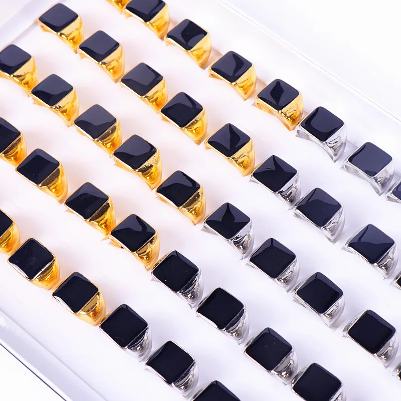 Venta al por mayor, lote a granel, 20 piezas, anillos de joyería de Metal chapados en oro y plata cuadrados lisos negros a la moda para hombre, regalo de boda para fiesta