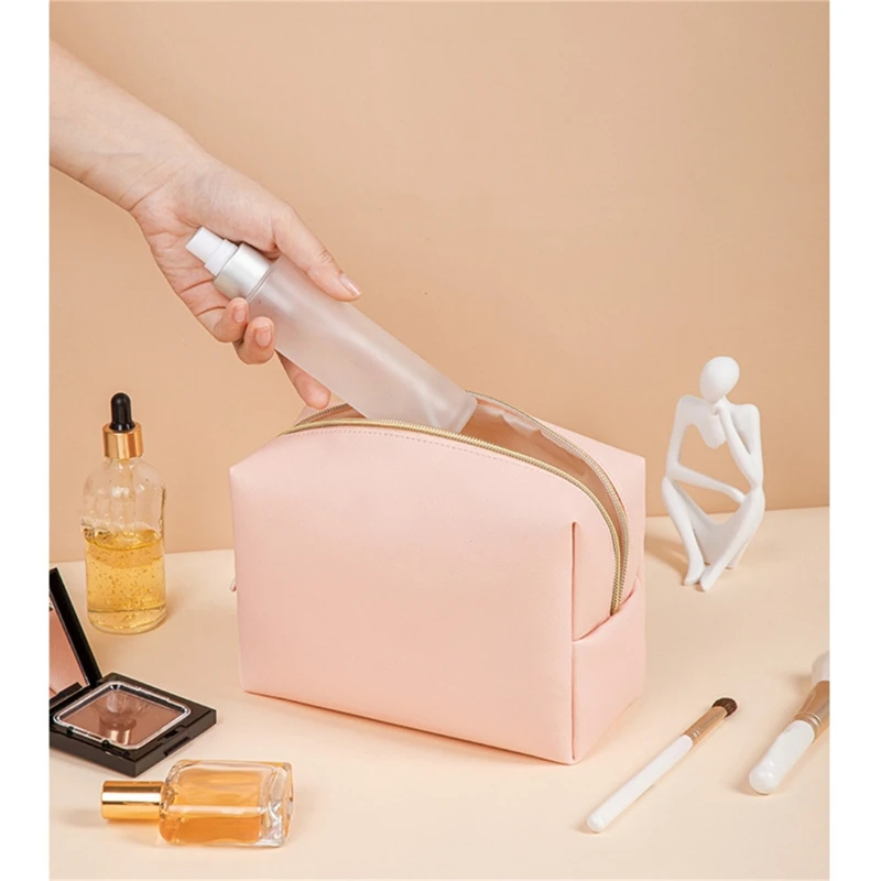 Women Waterproof Cosmetic Bag PU Leather Solid Color Makeup Pouch Travel Portable Wash Toiletry Storage Bag Organizer Purse