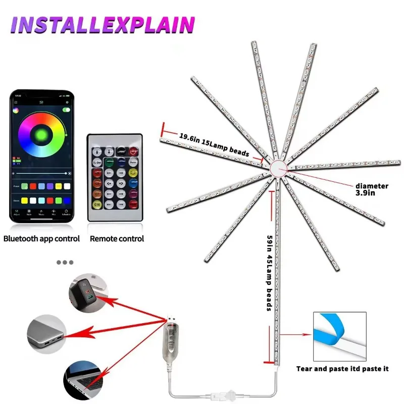 Tira de luces LED inteligente, lámpara de adorno con Bluetooth remoto de fuegos artificiales, decoración interior del dormitorio para fiesta, Bar, decoración de habitación
