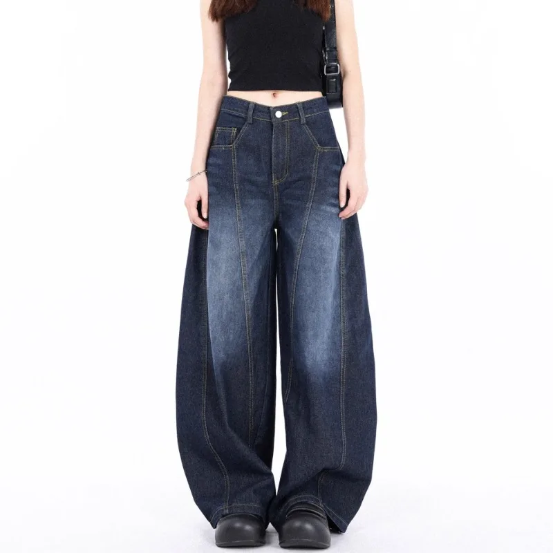 

Шикарные прямые джинсы с высокой талией, женские длинные брюки, осень-зима, повседневные плиссированные по бокам, синие джинсовые широкие брюки